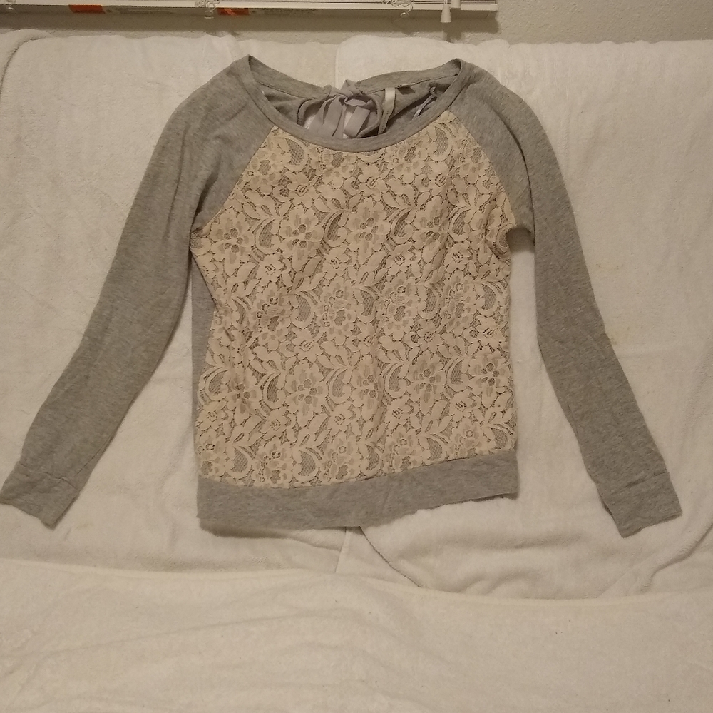 LC Lauren Conrad Cream Lace & Gray Long Sleeve Top